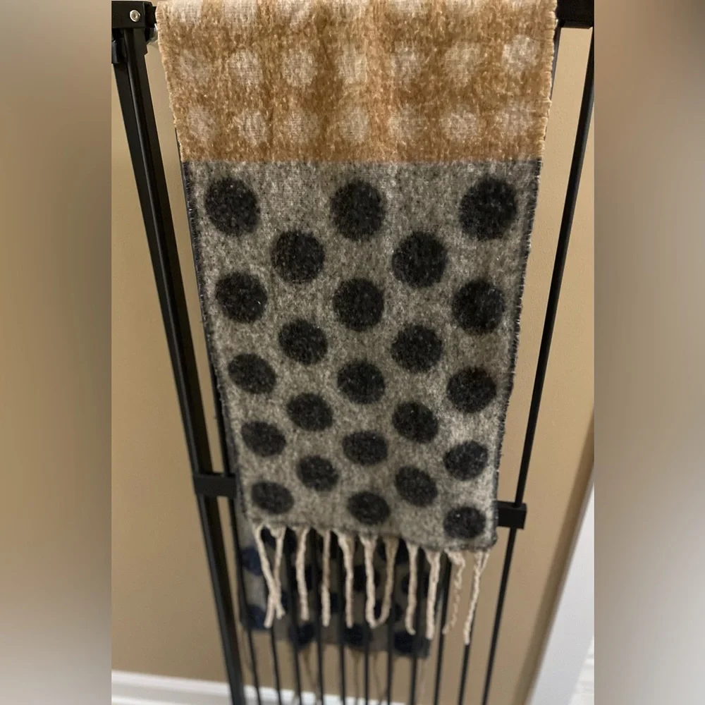 Cozy Polka Dot Wool Blend Scarf - Gray, Gold, and Blue - REVERSIBLE